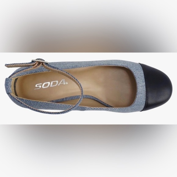 Denim & black Roxana Cap Toe Ankle Strap Low Block‎ Heel Pumps size 10 brand new - Picture 4 of 5